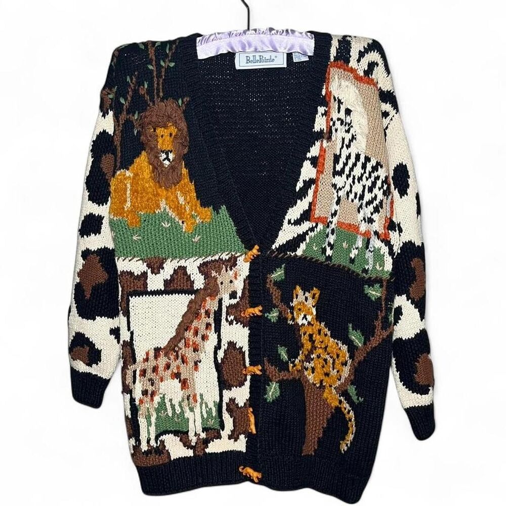 Vtg 90s Animals Knit Cardigan Sweater Wild Cat Nature Jungle Belle Pointe Size S